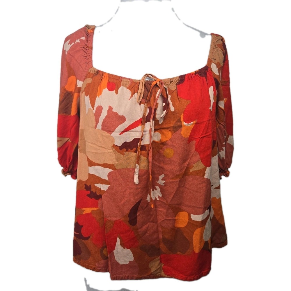 Sanctuary Small Orange Floral Poplin Rayon Cropped Square Elastic Neckline Top